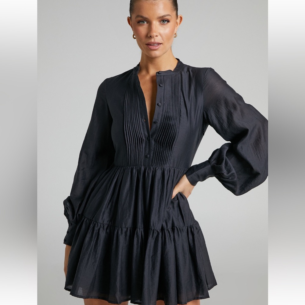 Kyra Mini Dress- Pin Tuck Detail Tiered Shirt Dress Black